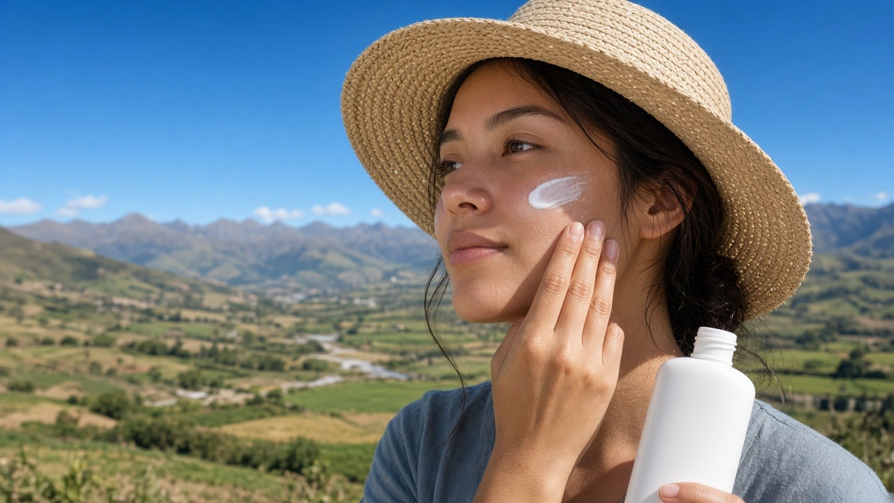 Mulher com chapéu aplicando protetor solar em um vale da serra