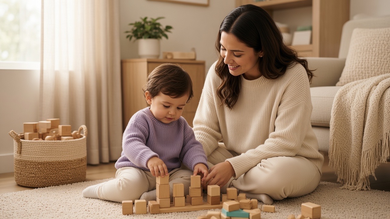 Mãe brincando com blocos de madeira junto ao filho pequeno