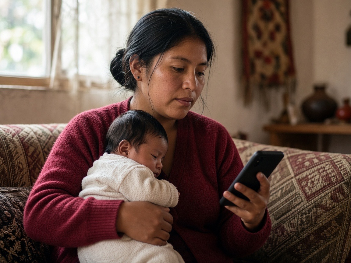 Mãe com o bebê escrevendo no WhatsApp